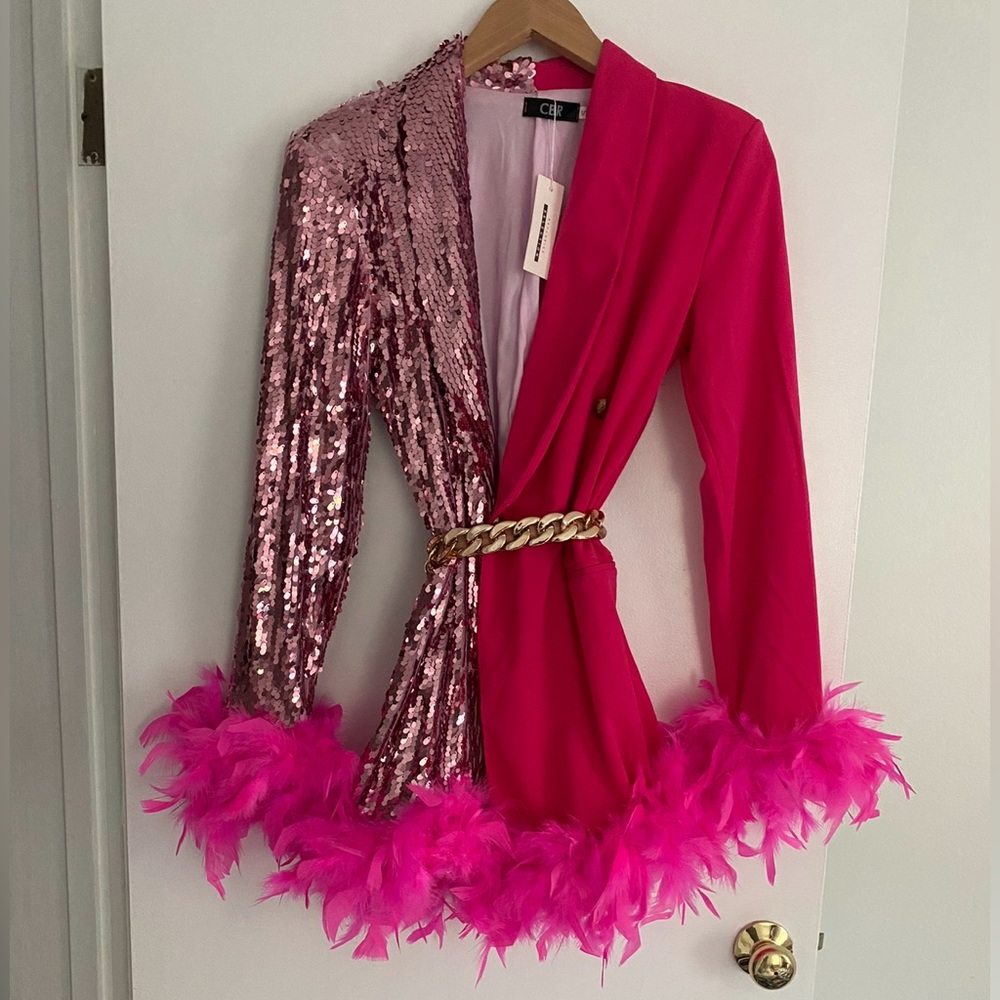 Blazer Vibrant Pink Sequin Blazer with Feather Trim - Picture 9 of 10
